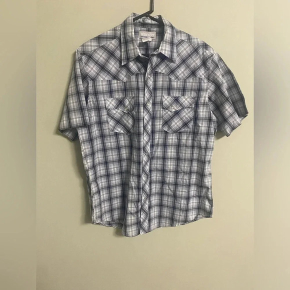 Wrangler Wrancher Pearl Snap Western Blue Check Short Sleeve Shirt Size Large - Picture 1 of 5